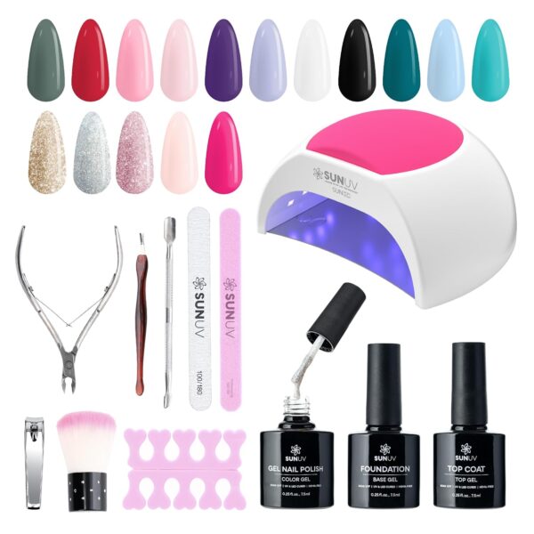 SUNUV Gel Nail Polish Kit with UV Light for Nails SUN2C 48W, 16 Colors Gel Polish Sets