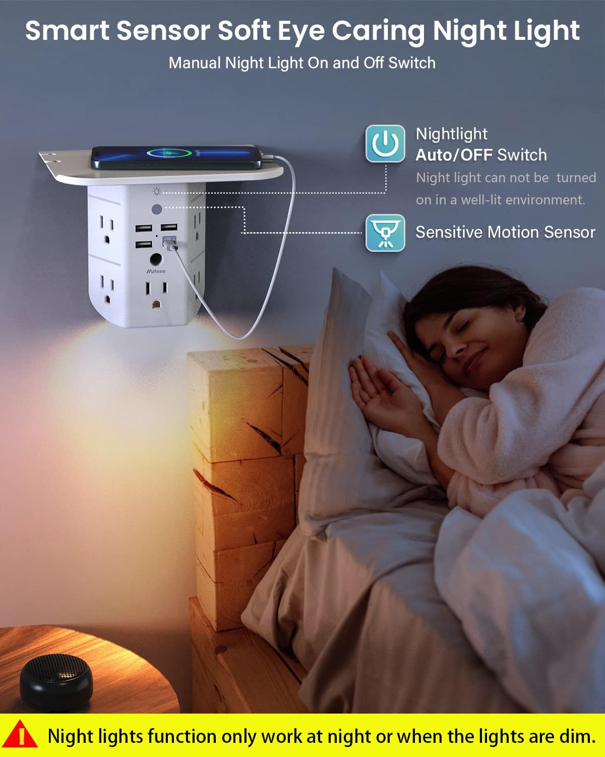 Wall Outlet Extender with Shelf and Night Light,Surge Protector - Image 2
