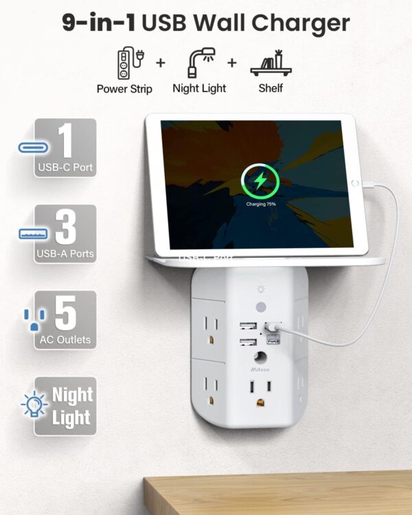 Wall Outlet Extender with Shelf and Night Light,Surge Protector - Image 3