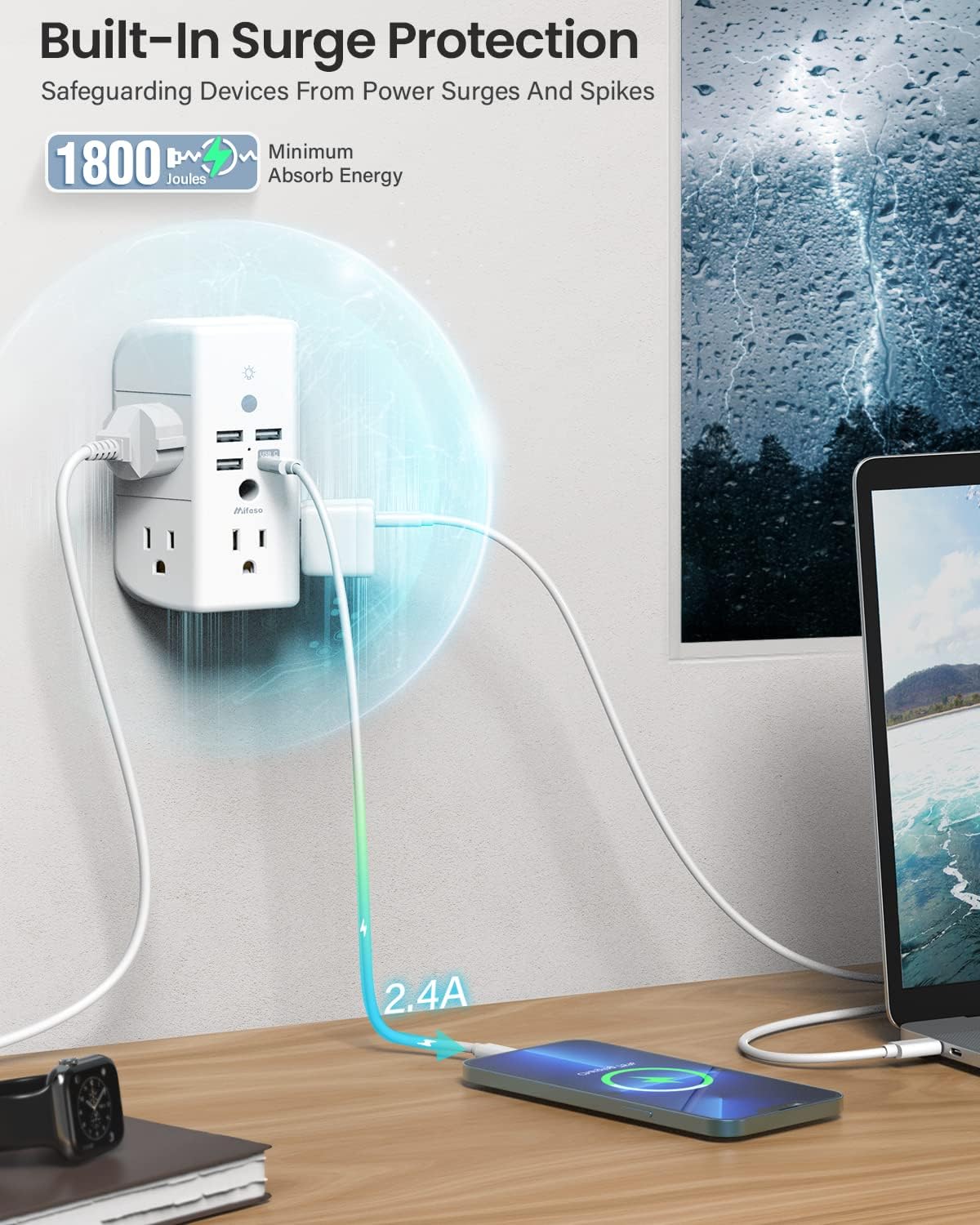 Wall Outlet Extender with Shelf and Night Light,Surge Protector - Image 5