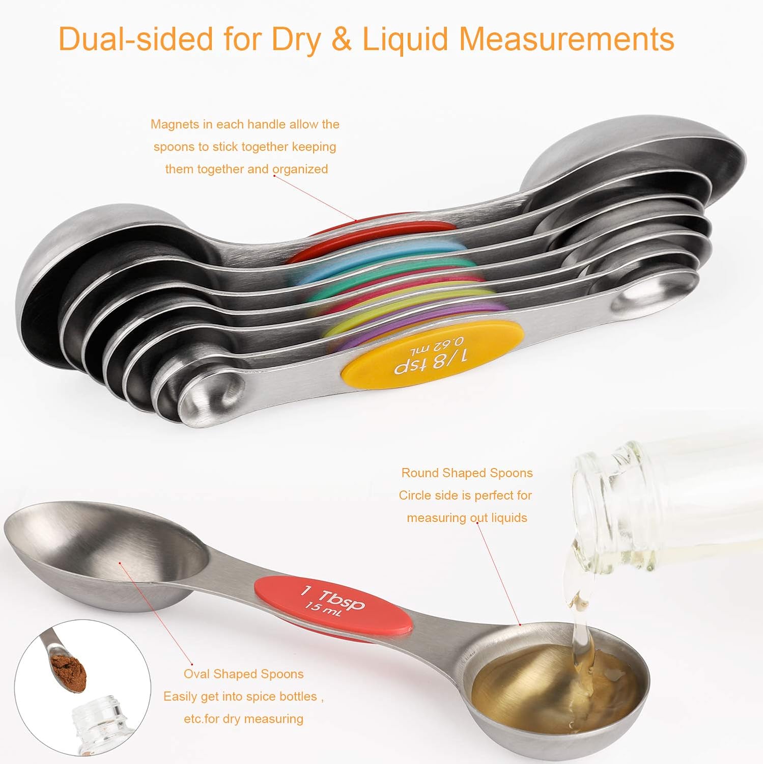 Magnetic Measuring Spoons Set of 8 Stainless Steel Dual Sided Stackable Measuring S