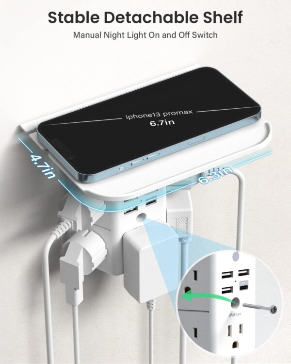 Wall Outlet Extender with Shelf and Night Light,Surge Protector - Image 4