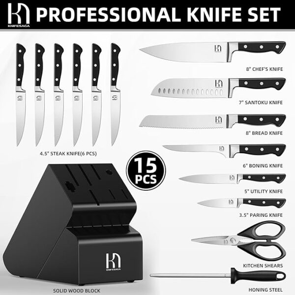 Knife Set, 15 Pcs Kitchen Knife Block Set, Enduring Razor-Sharp Japanese - Image 3