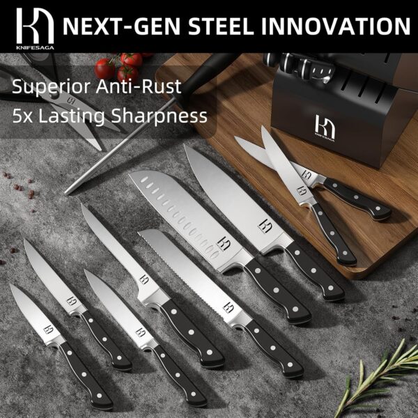 Knife Set, 15 Pcs Kitchen Knife Block Set, Enduring Razor-Sharp Japanese - Image 4