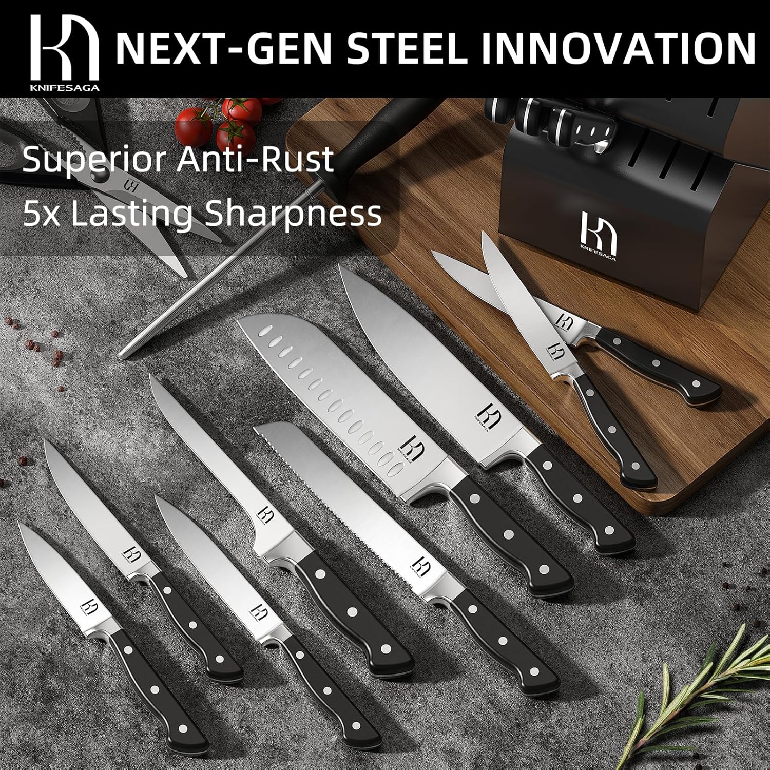 Knife Set, 15 Pcs Kitchen Knife Block Set, Enduring Razor-Sharp Japanese - Image 4